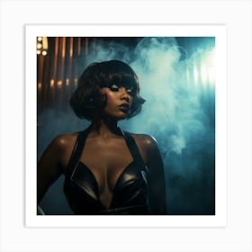 A Smoking Hot Voluptuous Sexy Black Woman In A Black Latex Dress Smoke in Back - Created by Midjourney Art Print