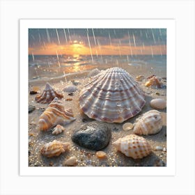 Seashells On Soft Sand Under Vibrant Sunset And Rain Art Print