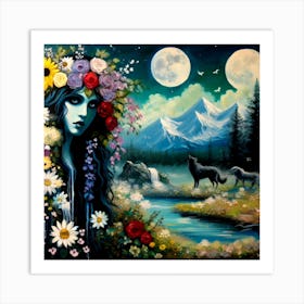 Wolf Woman With Flowers Art Print
