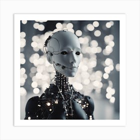 Porcelain And Hammered Matt Black Android Marionette Showing Cracked Inner Working, Tiny White Flowe (4) Art Print