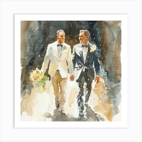 Watercolor Gay Couple Walking Down The Aisle 1 Art Print