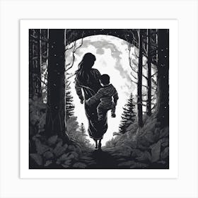 A Mother Carries Her Son In The Middle Of A Forest Art Print