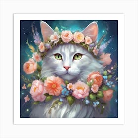 cat in a floral crown Art Print