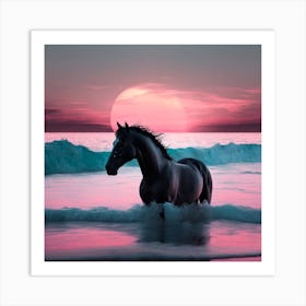 Horse On The Beach At Sunset Art Print