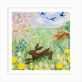 Spring Rabbits In The Meadow Art Print