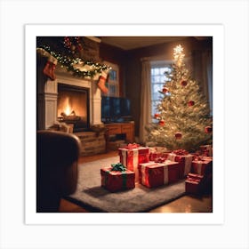 Christmas Presents Under Christmas Tree At Home Next To Fireplace Haze Ultra Detailed Film Photog (11) Art Print