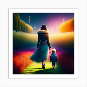 Mother And Child Walking In A Garden Art Print