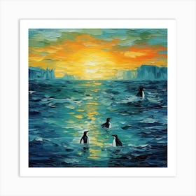 Penguins At Sunset 6 Art Print