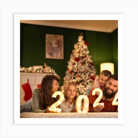 Family In Front Of A Christmas Tree Art Print