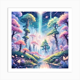 A Fantasy Forest With Twinkling Stars In Pastel Tone Square Composition 137 Art Print