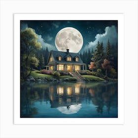 Artistic Moon Lake House Art Print 1 Art Print