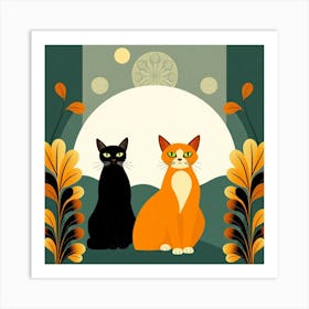 Two Cats In Front Of The Moon Art Print