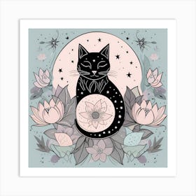 Black Cat With Flowers Art Print