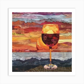 Fabric Art Of A Glass Of Red Wine With A Sunset Art Print