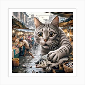 Cat At The Fish Market 1 Art Print