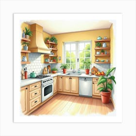 Bright And Elegant Kitchen In Watercolor, Warm Colors 1 Art Print