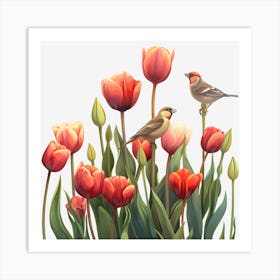 Tulips And Birds Art Print