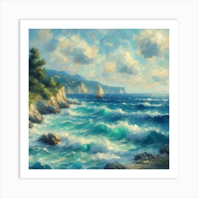 Seascape With The Waves, Acrylic Painting Style Art Print