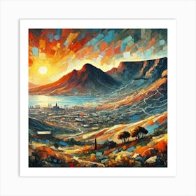 Abstract Oil Painting Of The Sun Rising From Over The Mountains.AI 1 Art Print