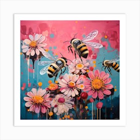 Bees On Daisies Art Print