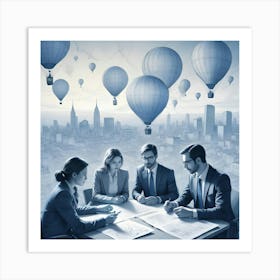 A Group Of Businesspeople Around A Table, Reviewing Blueprints With A Fantastical Cityscape In The Background And Hot Air Balloons Overhead Art Print