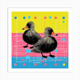 Geometric Pink & Yellow Linocut Style Duckling 2 Art Print