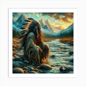 Oil Texture Native American Warrior By Stream 4 Art Print