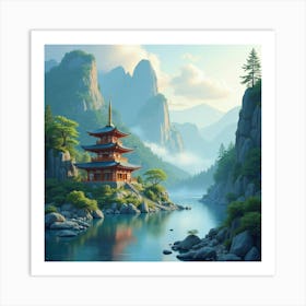 A Peaceful Temple Nestled By A Mountain Stream, Softly Glowing In Watercolor Art 1 Art Print