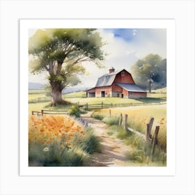 Watercolor Of A Farm 3 Art Print