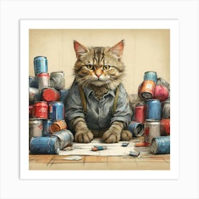 Cat With Cans Art Print