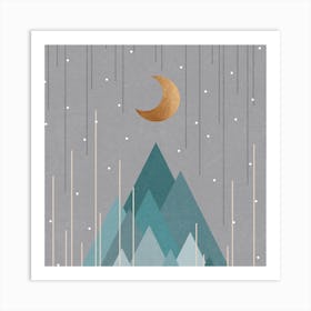 Moon And Mountains Mint Green Square Art Print