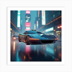 Hovering Futuristic Car With Sleek Design, Flying Through Glowing Cityscape 1 Art Print