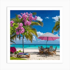 Tropical Beach With Umbrella Art Print