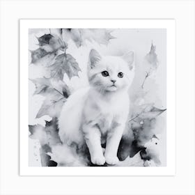 Black and White White Cat In Autumn Leaves Art Print