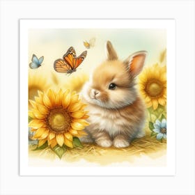 Bunny With Butterflies In Sunflowers Art Print