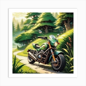 Motorcycle In The Forest Art Print