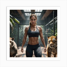 Fitness Model Poses With Tigers Art Print