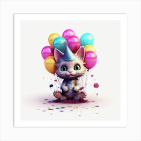 Birthday Cat With Balloons Art Print