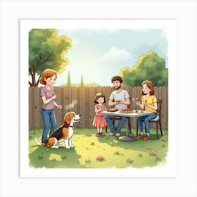 A Beagle And A Family Having A Barbecue In The Backyard, Watercolor 1 Art Print