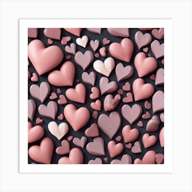 Pink Hearts On A Black Background Art Print