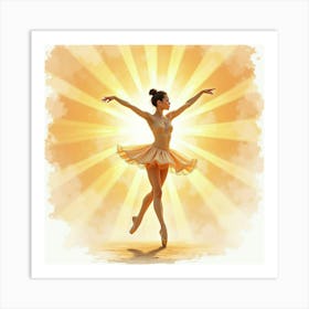 Ballet Dancer Surrounded By Watercolor Golden Rays 1 Art Print