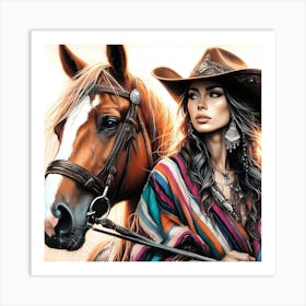 Beauty Wear Pancho And Cowboy Hat By Her Horse Color Drawing Art Print