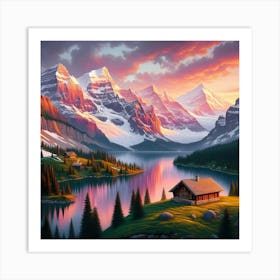 Sunrise At Swiss Alps With Cabin In Green Valley Painting Art Art Print