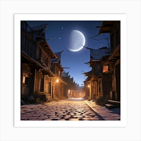 A Cobblestone Street In A Ghost Town With The Moon Casting Elongated Shadows Art Print