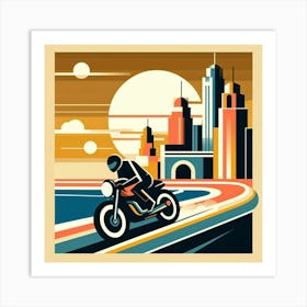 A Guy Riding A Motorcycle Fast Around A Curve Bauhaus Art Stlye 4 Art Print