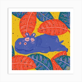 Sleeping Under Colorful Leaves Hippo Square Art Print