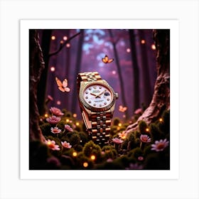 Rose Gold Rolex Watch In The Forest Art Print