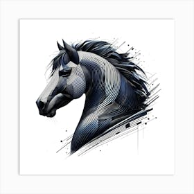 Horse Head In Black And Blue Lineart Drawing Art Print