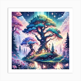 A Fantasy Forest With Twinkling Stars In Pastel Tone Square Composition 206 Art Print