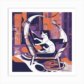 Drew Illustration Of Cat On Chair In Bright Colors, Vector Ilustracije, In The Style Of Dark Navy An (1) Art Print